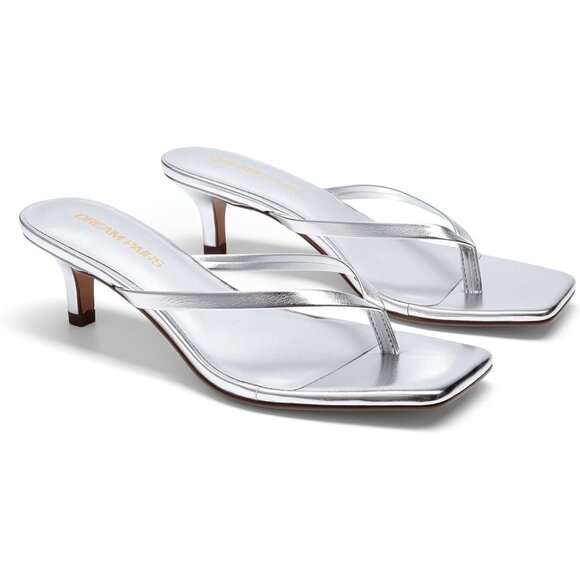 Dream Pairs Women Silver Faux Leather  Square Open Toe  Low Heels Sandals Shoes - Picture 3 of 8